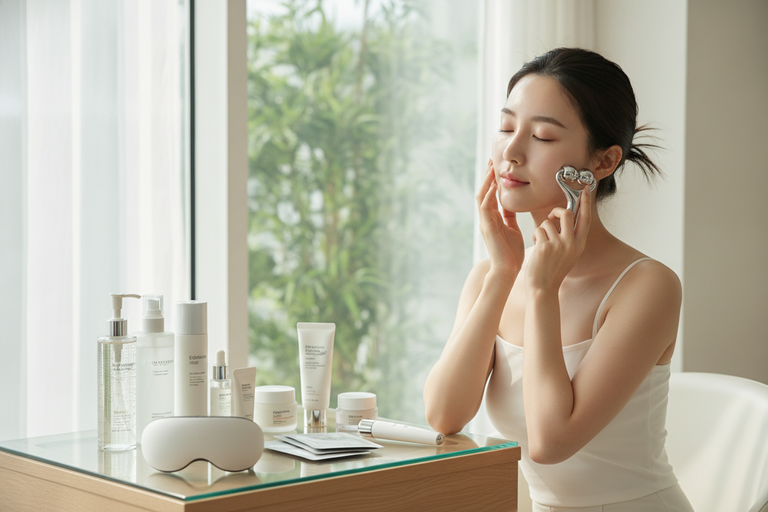 Skincare routine with facial massage tool and beauty products for glowing, healthy skin at home
