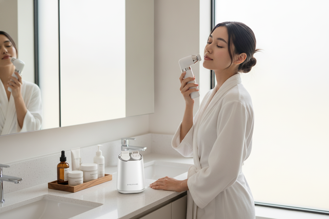 A woman enjoys a relaxing skincare routine with modern facial devices in a bright bathroom