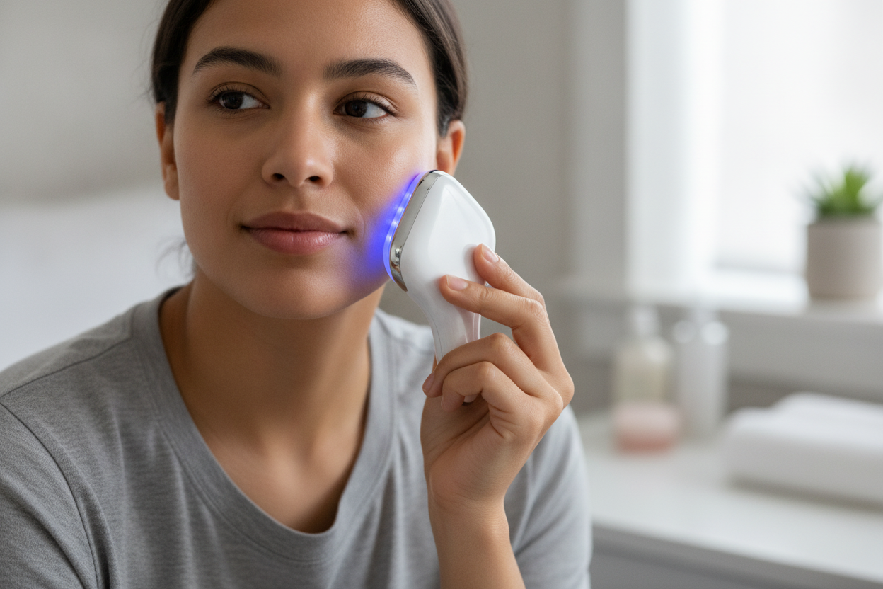 Woman using an acne treatment machine with blue LED light for clear and healthy skin at home