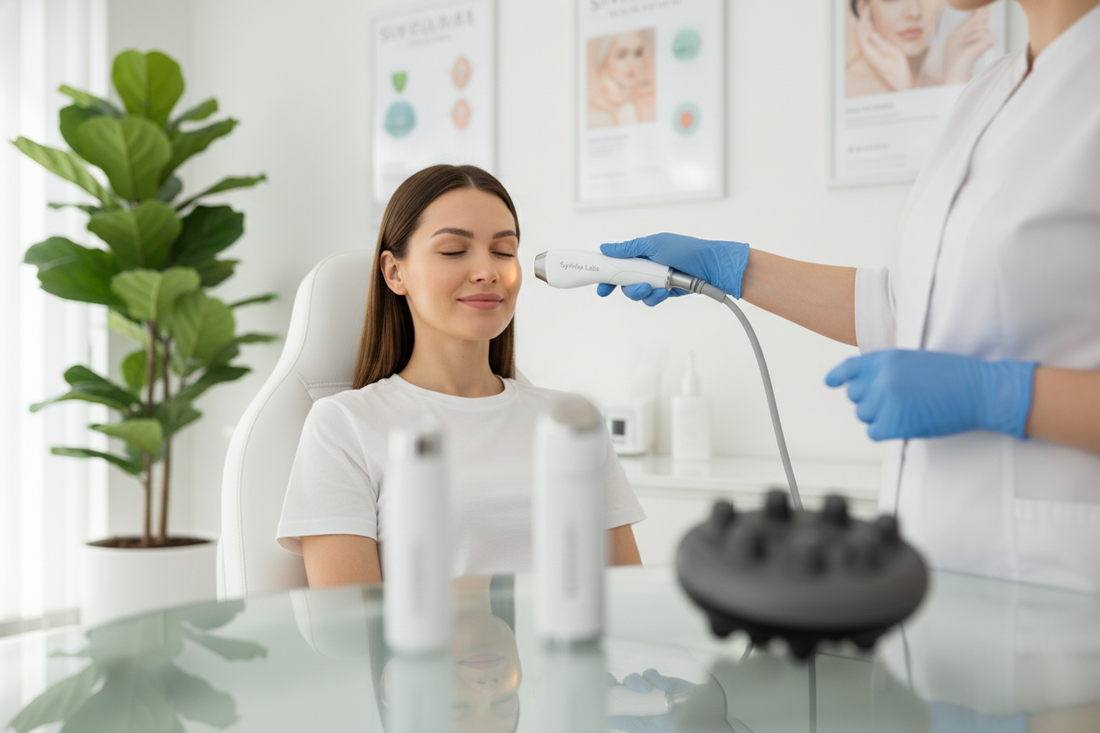 Aesthetician performing facial treatment in a modern skincare clinic for healthy, glowing skin