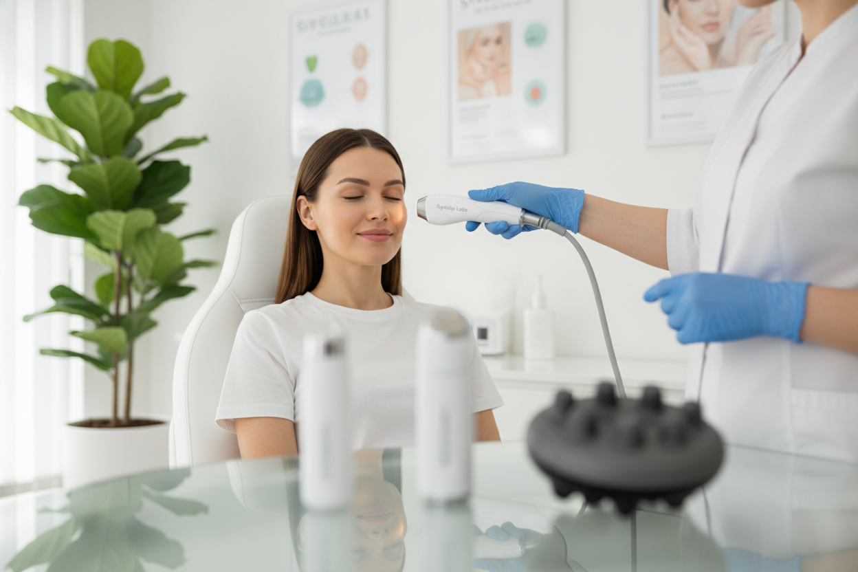Aesthetician performing facial treatment in a modern skincare clinic for healthy, glowing skin