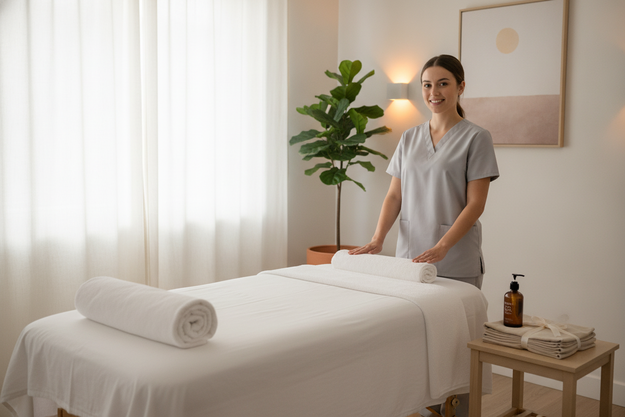 Professional masseuse preparing a relaxing massage room for client wellness and comfort