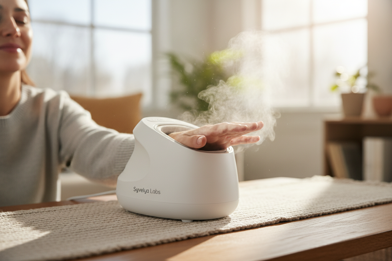A woman enjoys a relaxing hand spa treatment with a modern steam therapy device at home