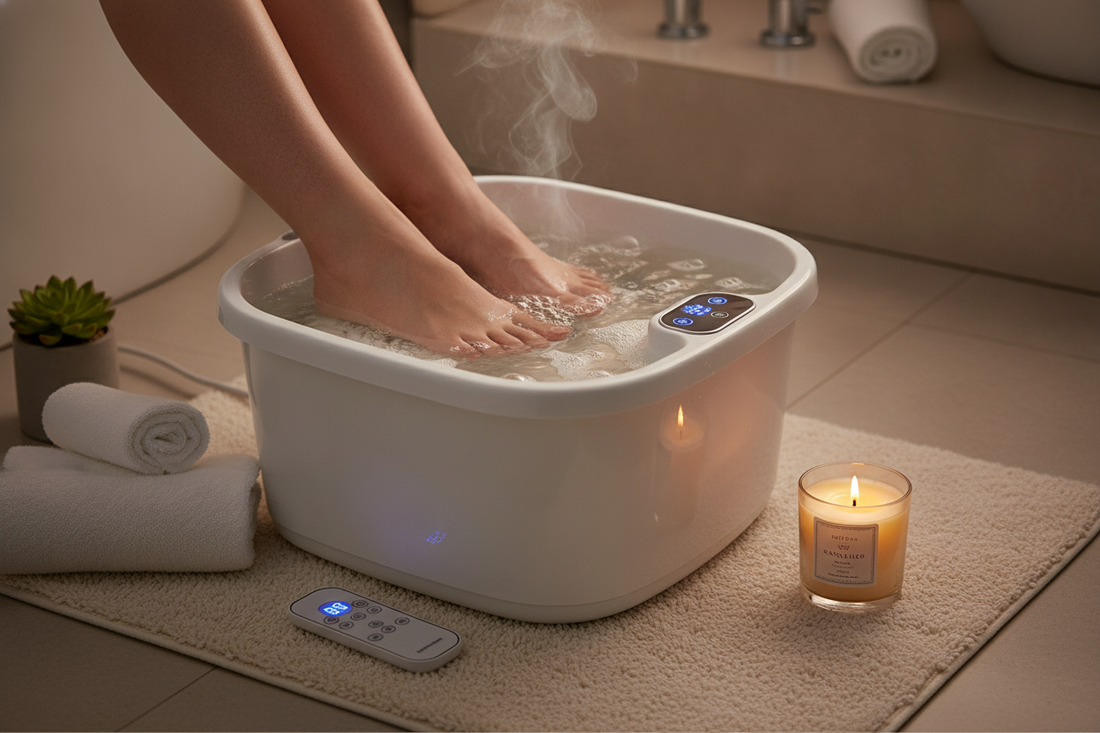 Relaxing foot spa at home with warm water, soft towels, and soothing candlelight for stress relief