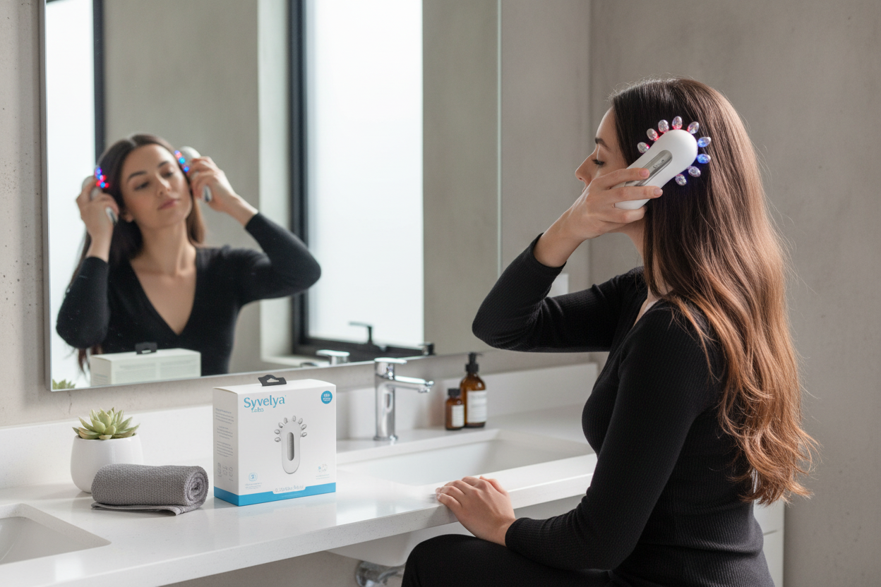 Woman using a scalp massager in a modern bathroom for relaxing self-care routine
