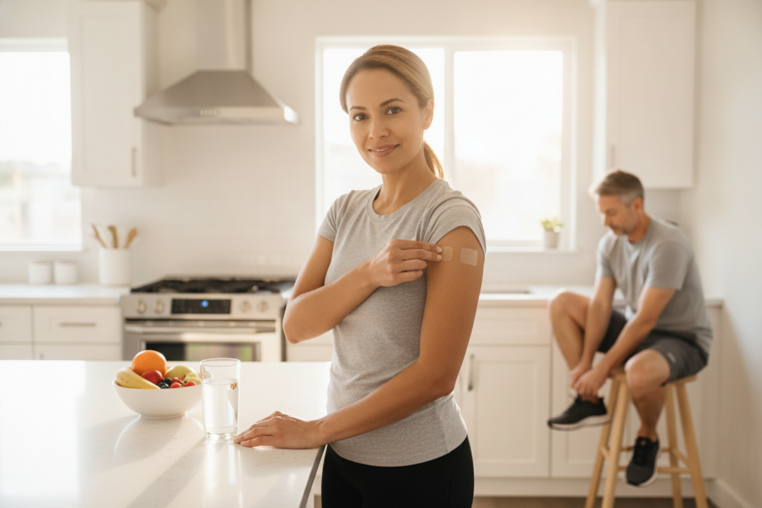 Woman applying a fat burning patch on her arm in a bright kitchen for weight loss support