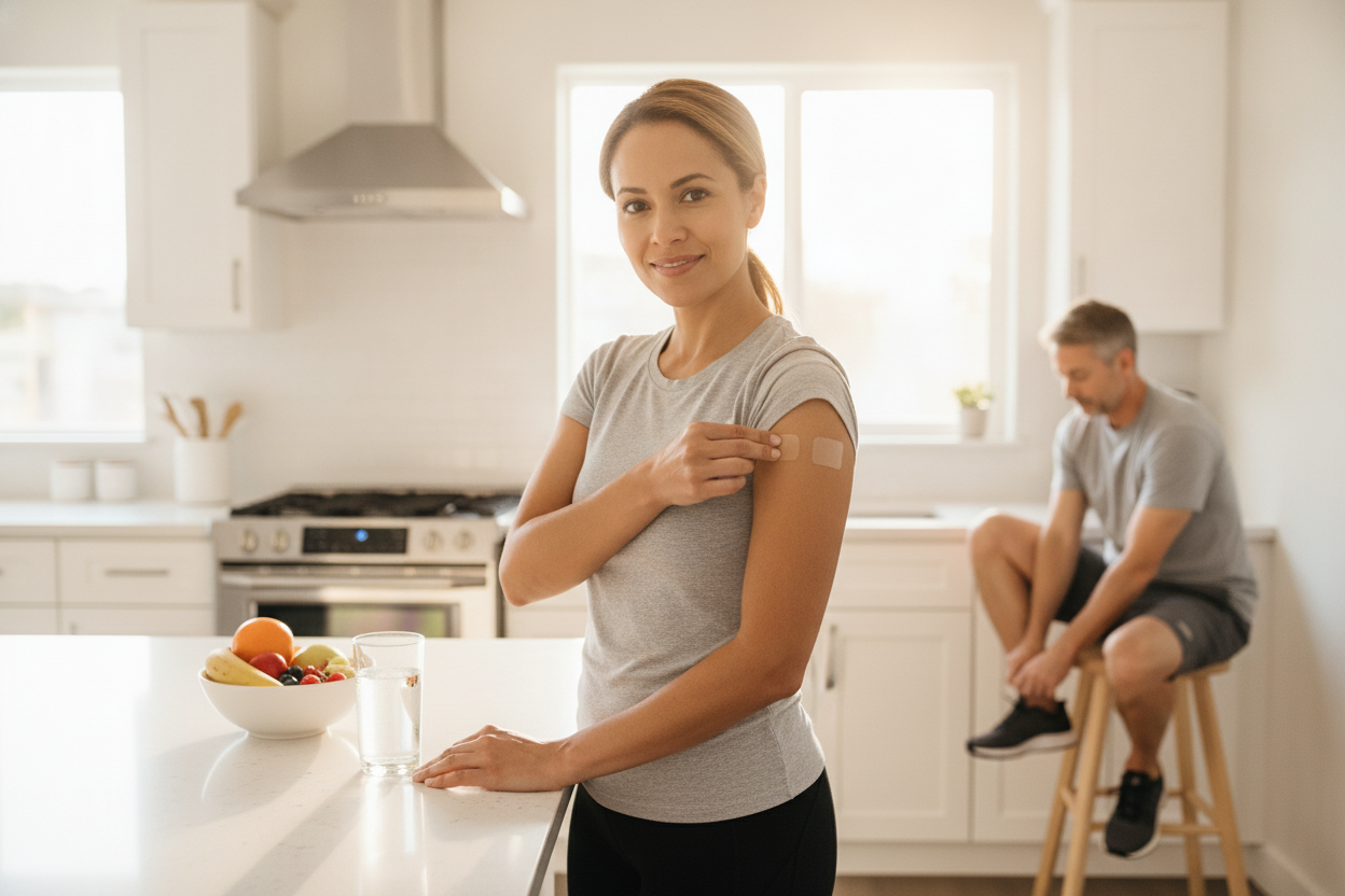 Woman applying a fat burning patch on her arm in a bright kitchen for weight loss support