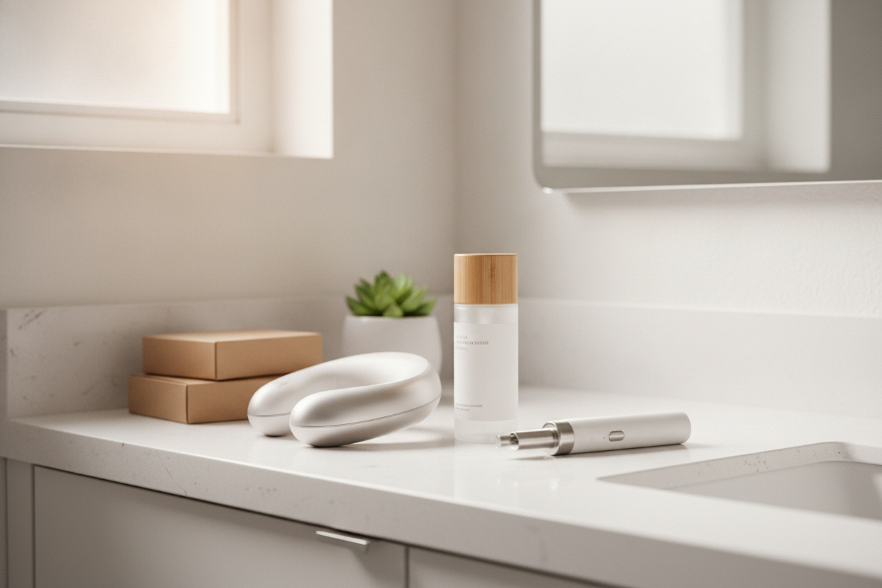 Modern bathroom counter with minimalist skincare products and beauty tools for a clean self-care routine