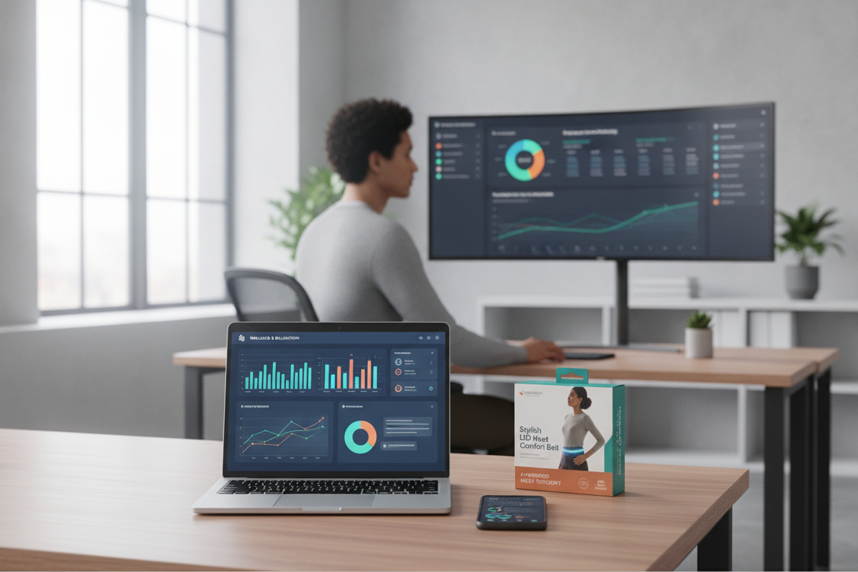 Office workspace with data analytics dashboards on screens and a stylish comfort belt product on the desk