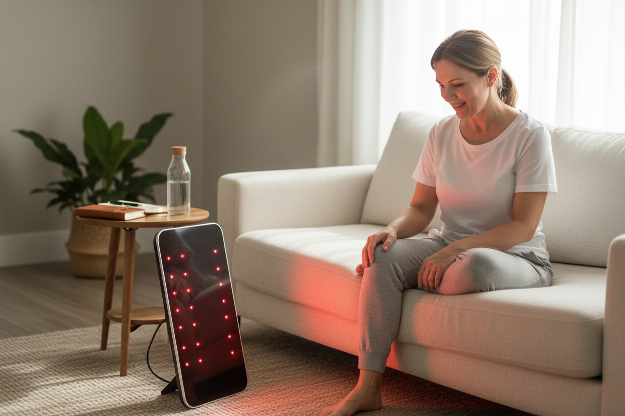 Woman using red light therapy for pain relief on her leg at home in a relaxed setting