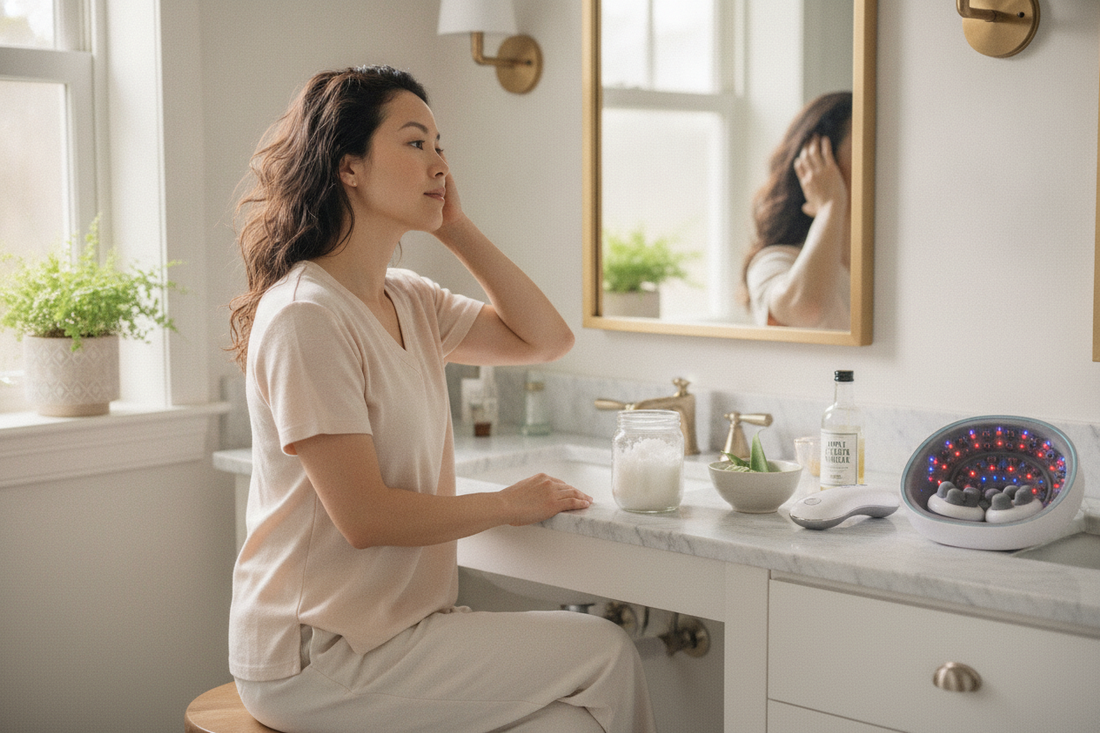 Woman practicing a calming morning self-care routine at home with natural wellness products
