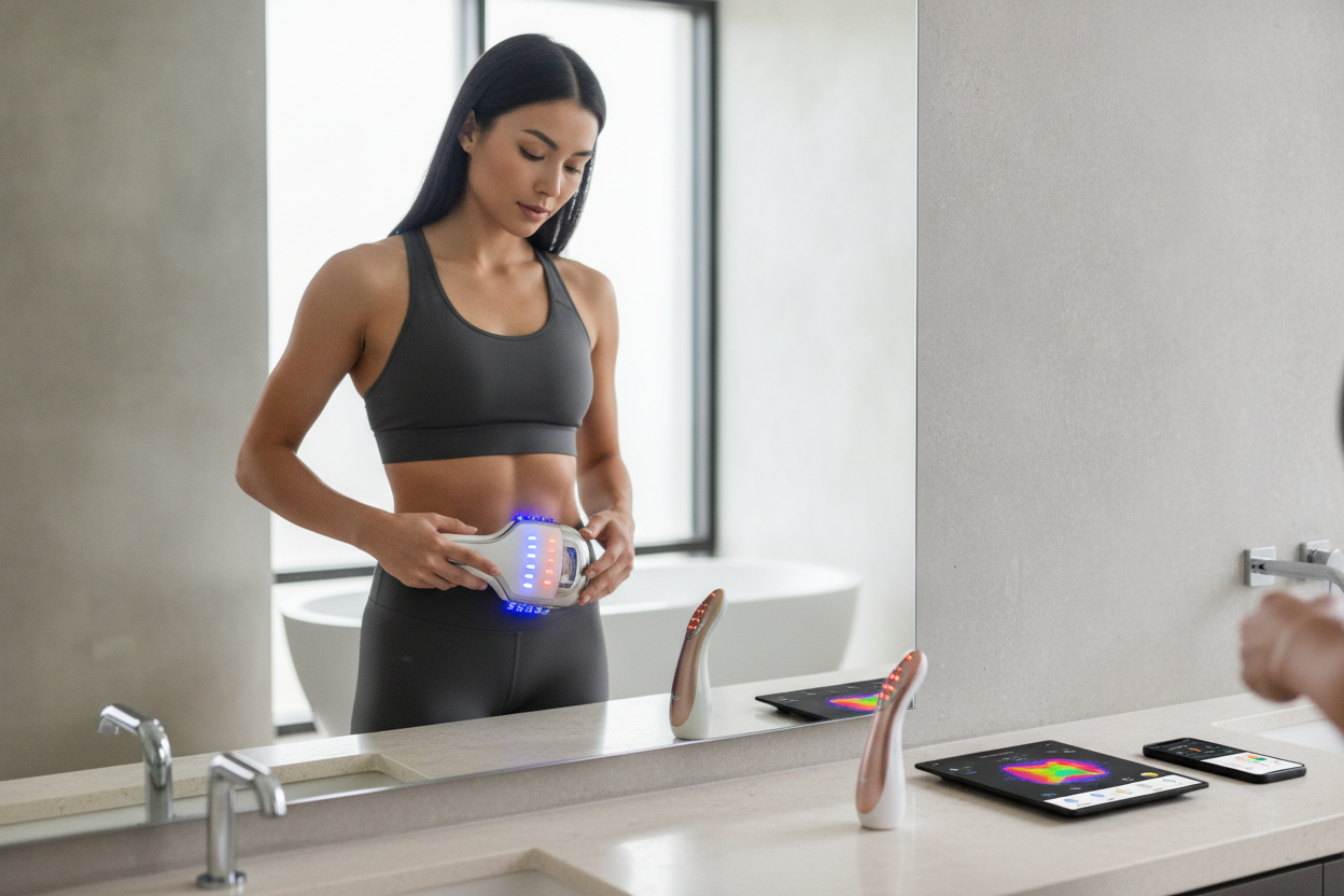 Woman using a toning massager device