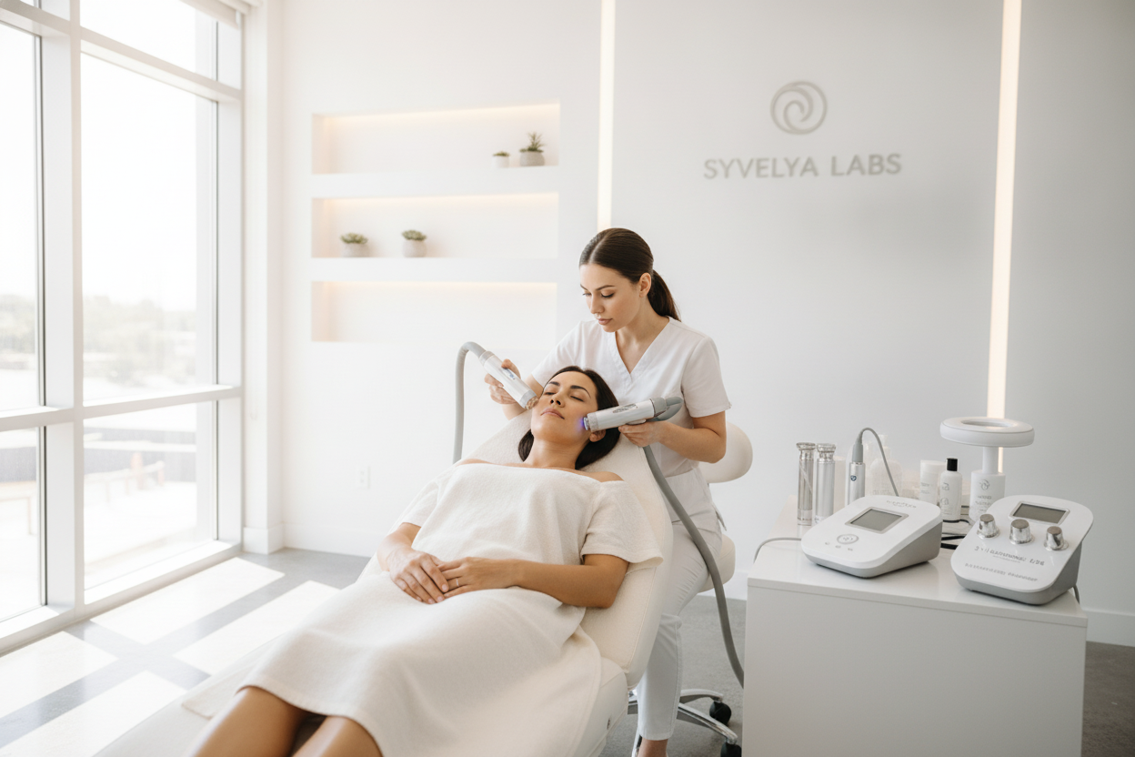 Aesthetician performing advanced facial treatment in a modern skincare clinic for glowing, healthy skin