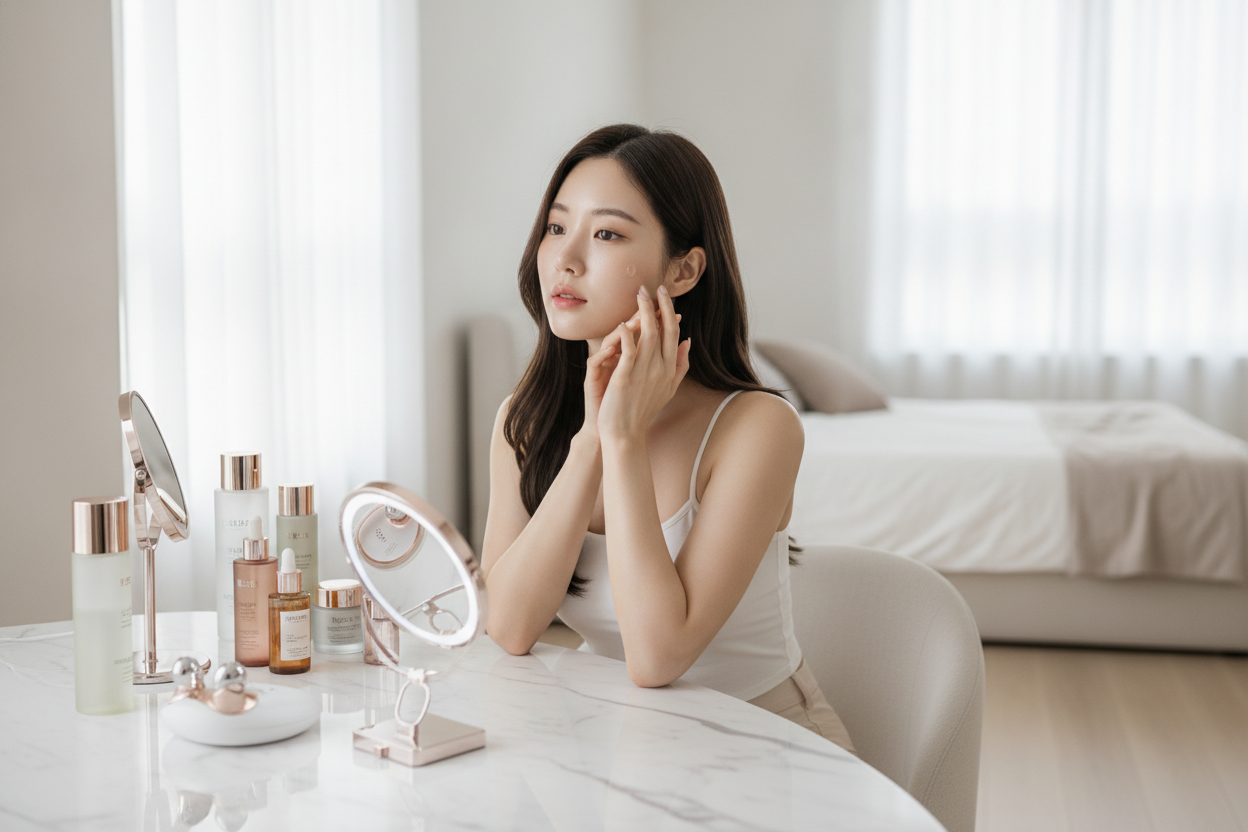 Young woman applying skincare products at a vanity for a glowing and healthy complexion routine