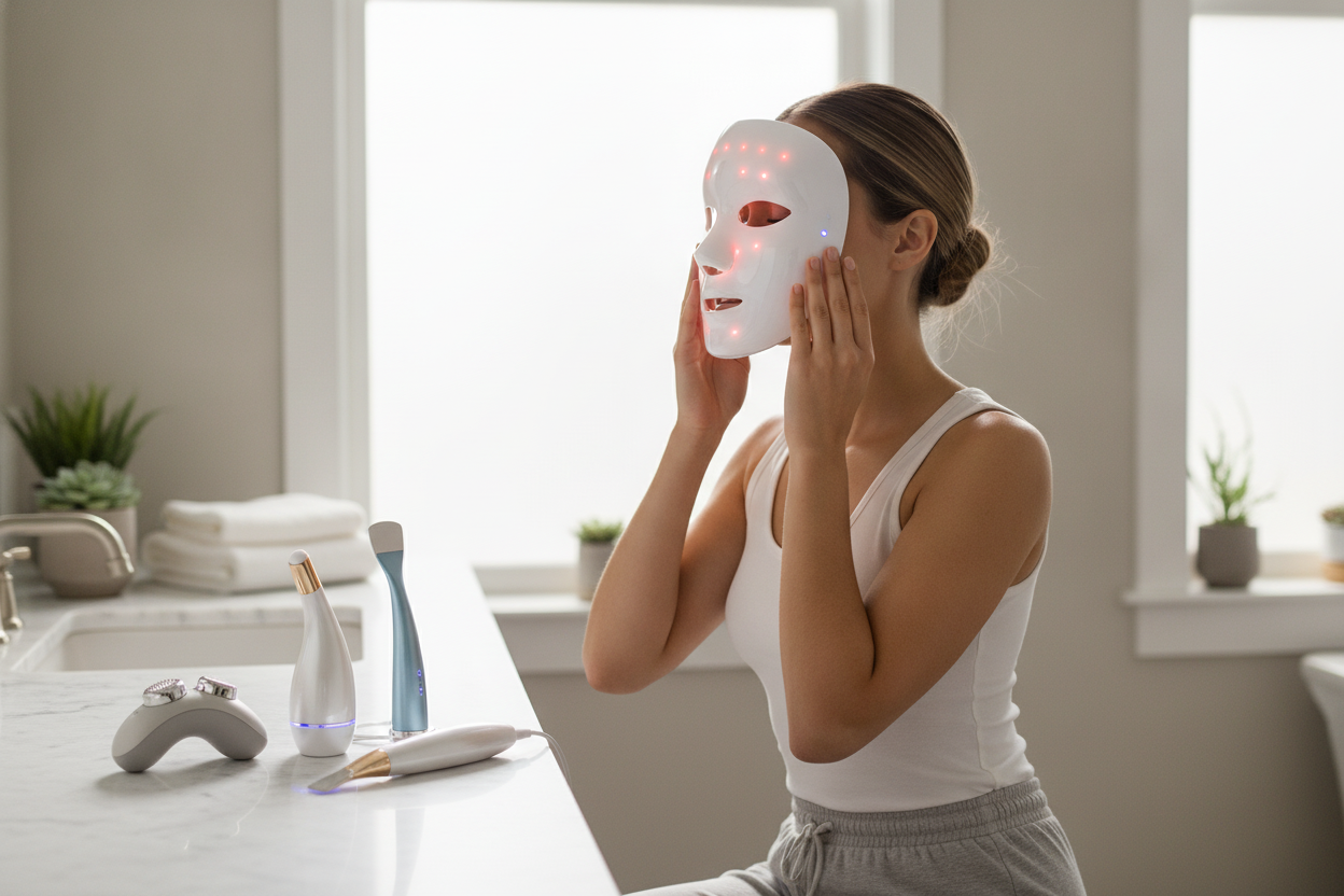 Woman using wearable beauty tech mask with LED lights for advanced skincare at home
