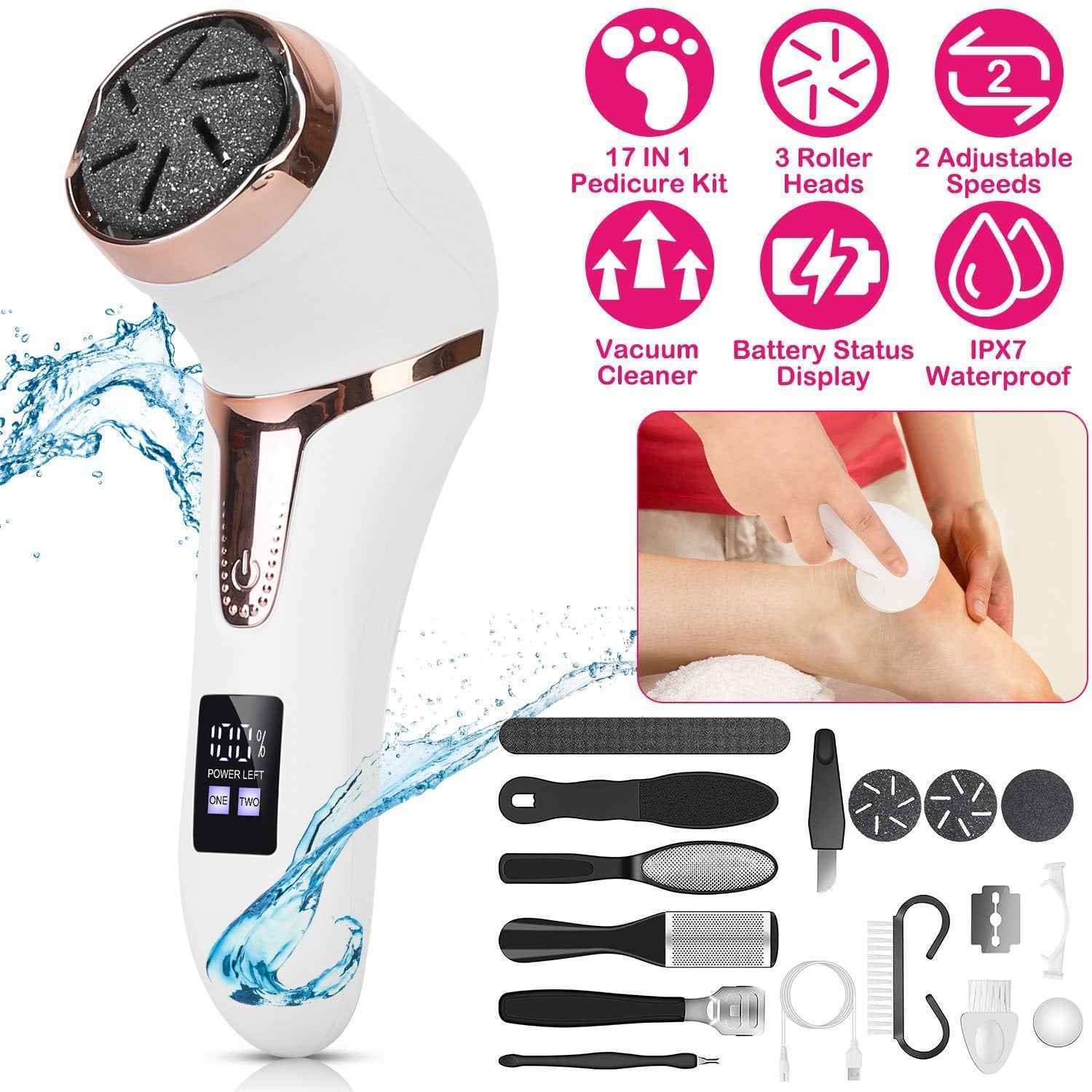 Rechargeable Electric Foot Callus Remover Foot File with Vacuum - 17 Pieces Kit