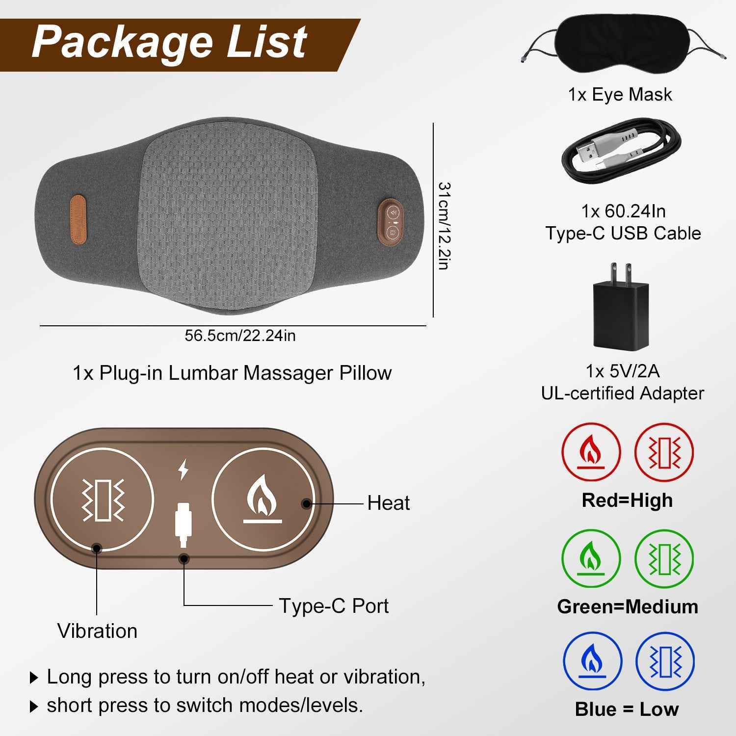 2 In 1 Electric Lumbar Massager Pillow with Heat & Vibration