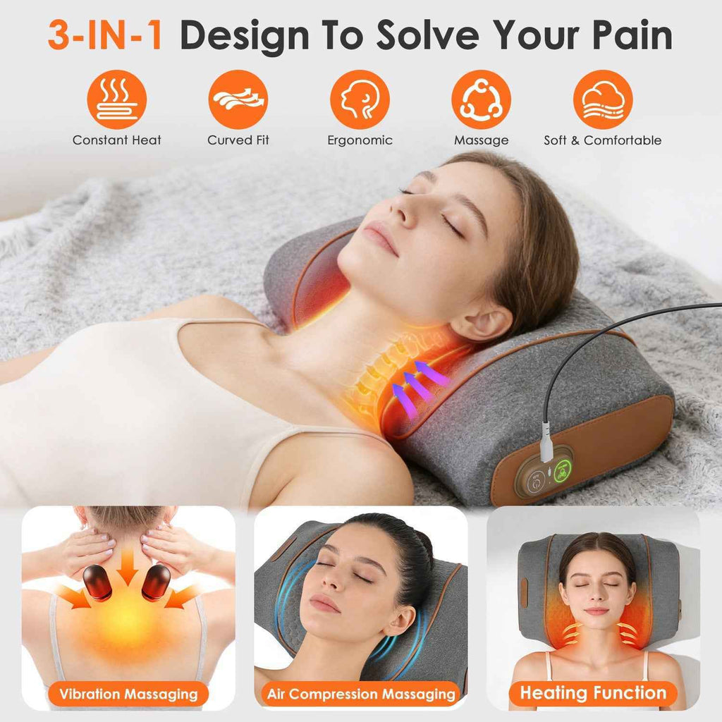 3 in 1 Vibrating and Heating Ergonomic Neck Massager Pillow
